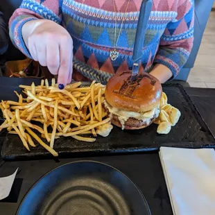 Mac and cheese burger with fries