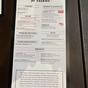 Menu at PHX