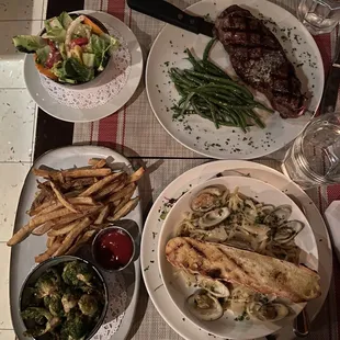 NY Strip Steak/Sautéed Green Beans/Side Salad &amp; Linguine and Clams/Roasted Brussel Sprouts &amp; Wilted Escarole/Fries