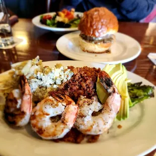 Shrimp salad, The Tavern Burger with a House salad