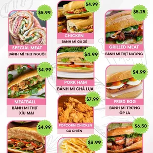 a menu for a variety of sandwiches