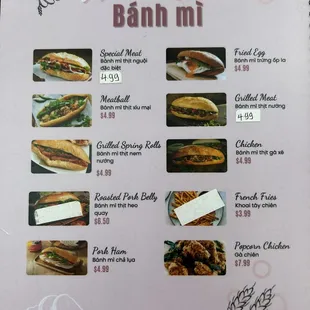 Menu sandwiches and chicken