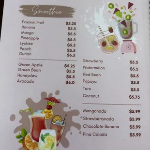 Menu smoothie