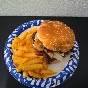 a hamburger and french fries