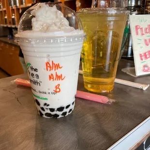 Almond bubble milk and almond biscotti iced tea