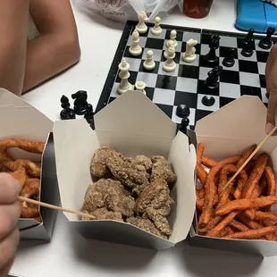 Popcorn chicken, Sweet Potato Fries, and fried calamari