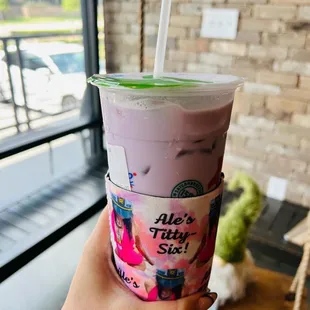 Taro Cream Tea...with my friend&apos;s bday koozie lol