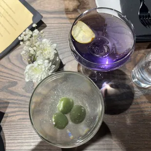 Dirty martini and teal turnip