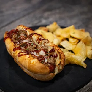 a hot dog and french fries