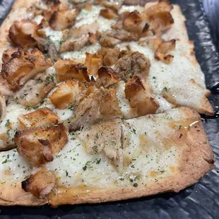 Chicken and waffles flatbread pizza