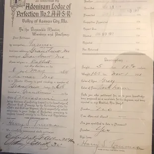 Harry Truman&apos;s original petition for membership on display.  His occupation at the time was farmer.