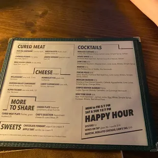 a menu for a happy hour
