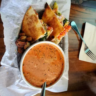 Vegan grilled cheese, parmesan tomato soup