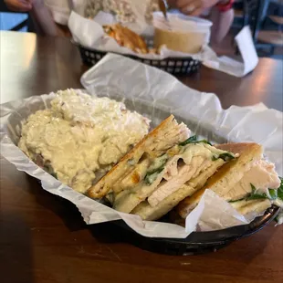 Spinach turkey on flatbread and potato salad