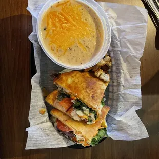 Grilled Cheese and Veggie Flatbread Sandwich and soup of the day