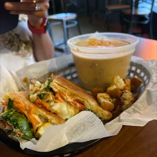 Veggie grilled cheese and habanero potato soup