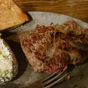 Rib-eye rare!!! Baked tater,bread...     yummmmm