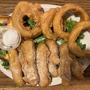 the sampler: fried zucchini, fried onion rings, two potato skins = $13.99