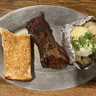 specialty steak: sirloin steak, garlic bread + baked potato = $19.99