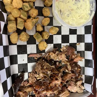 Pulled Pork Platter with fried okra and potato salad