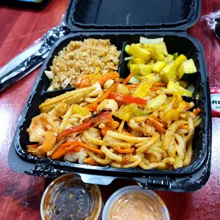 Amazing! Shrimp and scallops, hot noodles right put of the wok, perfect fried rice, squash/onions