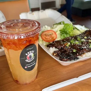 a plate of food and a drink