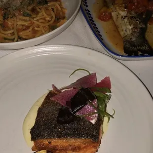 Spaghetti al pomodoro, Wild Salmon, Whole Grilled Branzino