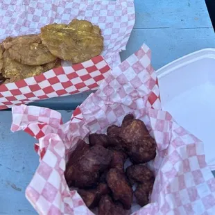 Fried pork, Tostones with mayoketchup. Yum