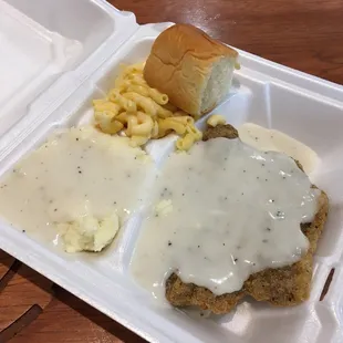 Chicken Fried Steak Plate with Mashed Potatoes, Mac &amp; Cheese, and Hawaiian Roll