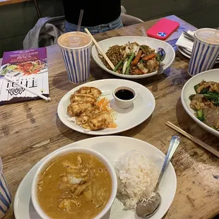 Pad Thai, Potstickers, Panang Curry, Thai Ice Tea, Drunken Noodles