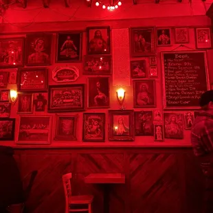 a restaurant with red lighting