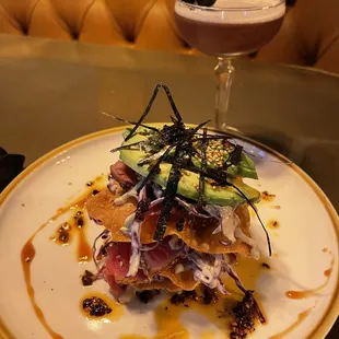 Tuna stack, chili oil avocado