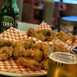 Yangnyum Chicken, Fried Chicken, Honey Garlic Chicken, and beer.