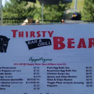 a menu for the restaurant