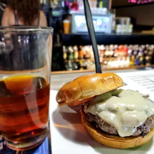 My Octoberfest beer with mushroom Swiss burger