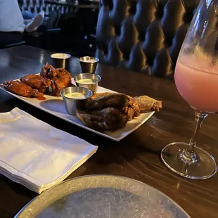 a plate of food and a drink