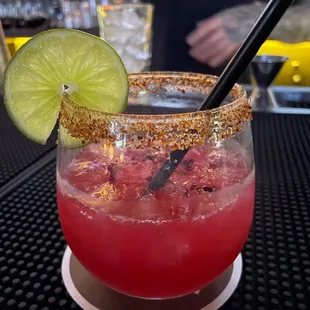 Mezcal margarita with tajin rim