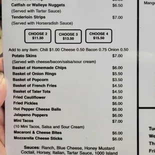 a menu for appetizers