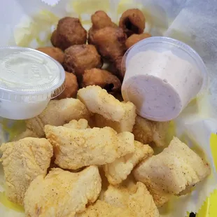 Catfish nuggets and fried mushrooms