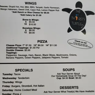 the menu for the thirsty turtle