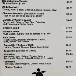 a menu for sandwiches