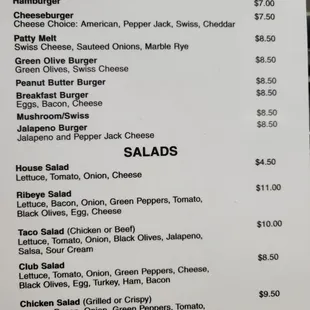 a menu for burgers