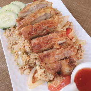Crispy Fried Chicken over Fried Rice