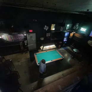 View from the seating area upstairs of the pool table area