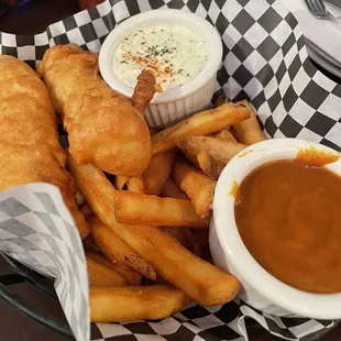 Fish &amp; chips with a side of curry sauce