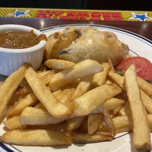 Lancaster Pasty, chips, curry sauce.