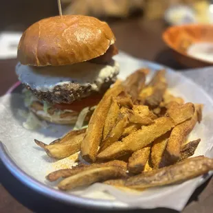 a hamburger and fries