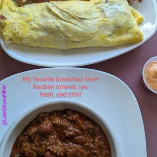Reuben omelet and chili