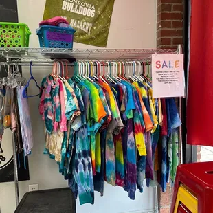 Pre-dyed shorts on sale at half price.