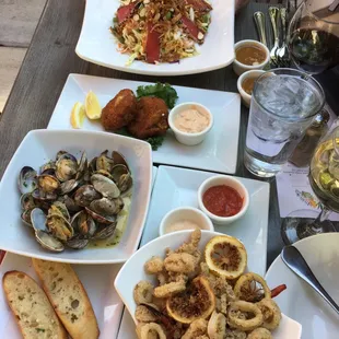 Seared Ahi Tuna Asian Slaw, Crab Cakes, Clams, Calamari
